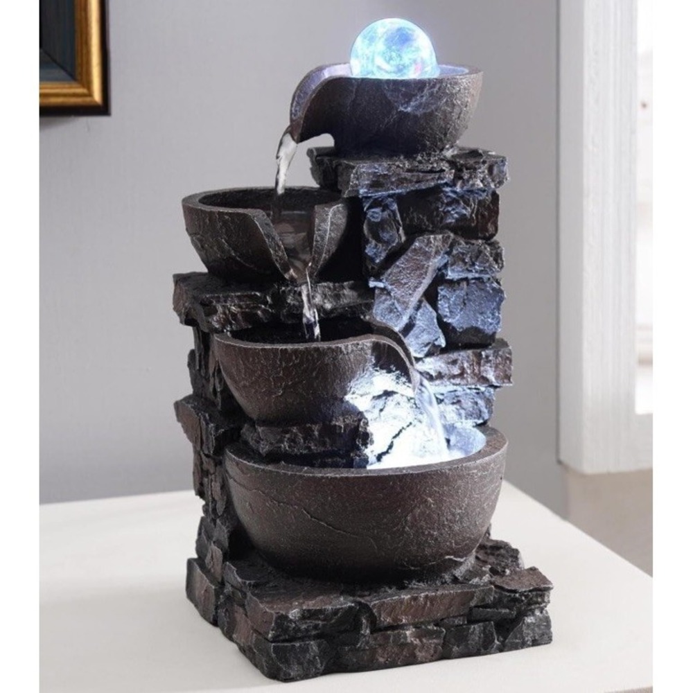 Home Décor Tabletop Fountain Indoor Stone‎ Four Bowls Natural River Rocks